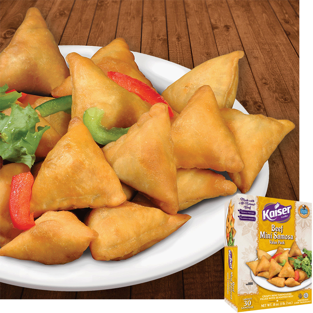 Beef Mini Samosas and Pack, garnished with peppers and lettuce, in the bottom right hand corner an image of the product box is overlaid