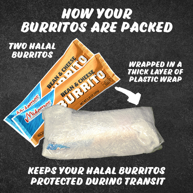 A graphic showing how burritos are packed for shipping. The text reads: How your burritos are packed. Twho Halal burritos. Wrapped in a thick layer of plastic wrap. Keeps your halal burritos protected during transit. Two packs of Bean and cheese burritos are angled over a bundle of burritos wrapped in plastic an arrow points from the burritos to the wrapped burritos.