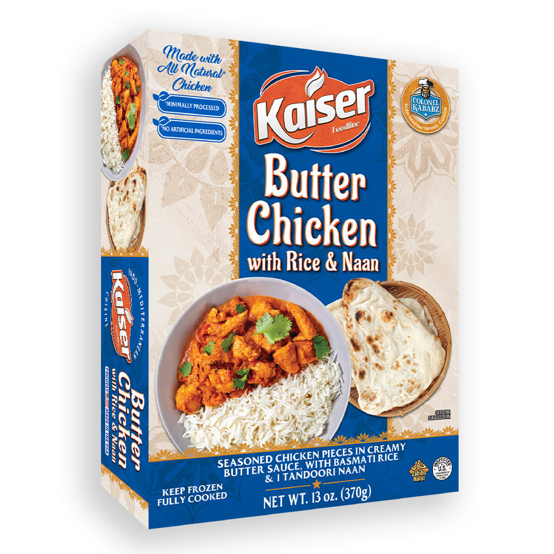 butter chicken with rice and naan product package