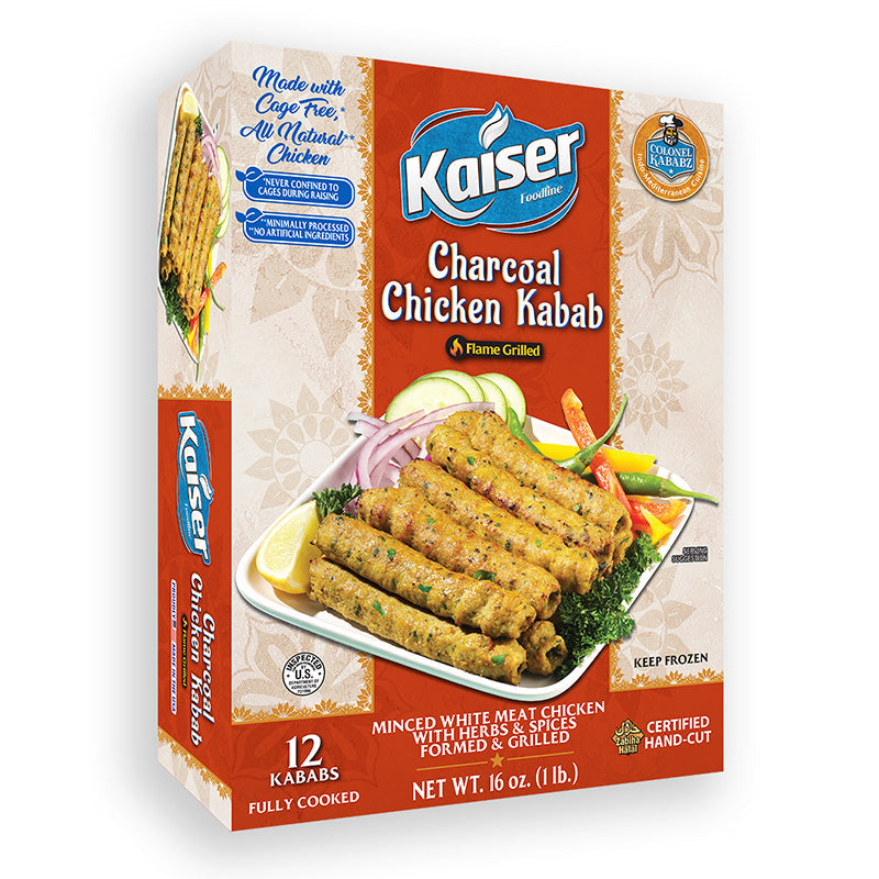 A package of Kaiser Charcoal Chicken Kababs is overlaid in the bottom right corner.