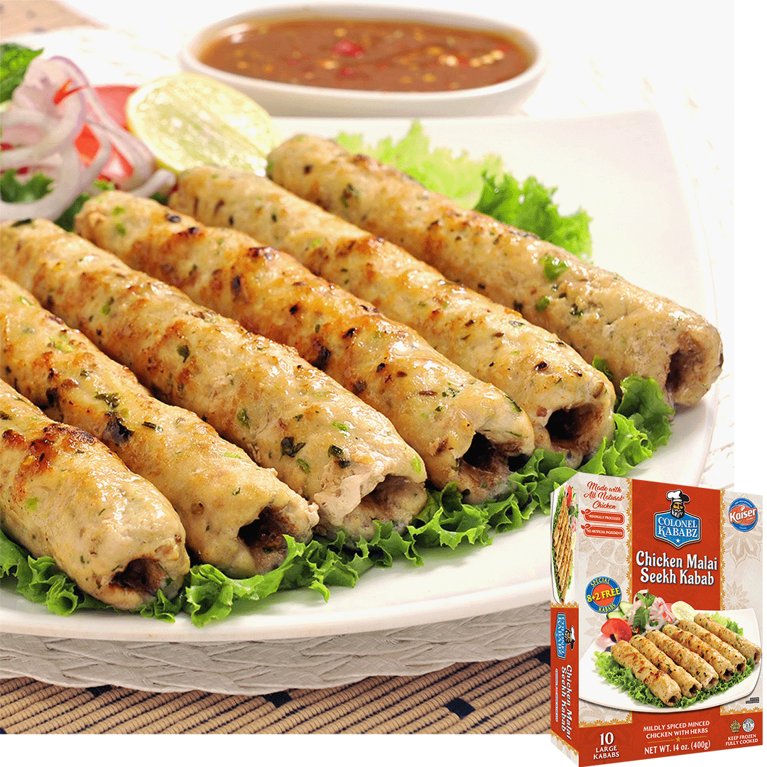 Malai kababs resting on a bed of lettuce on a white plate. In the background is garnishing and a brown sauce. In the bottom right is an image of the product package