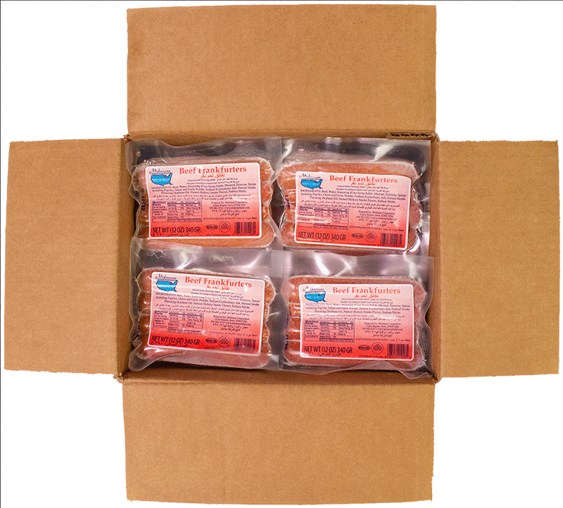 an open cardboard case of midamar beef franks
