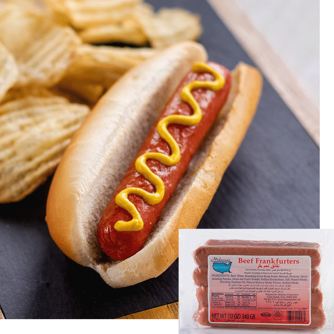 A halal beef frank in a hot dog bun with mustard on it sits on a black cutting board with potato chips behind it. Over the image is a package of hot dogs with a label that says Midamar Beef Frankfurters.