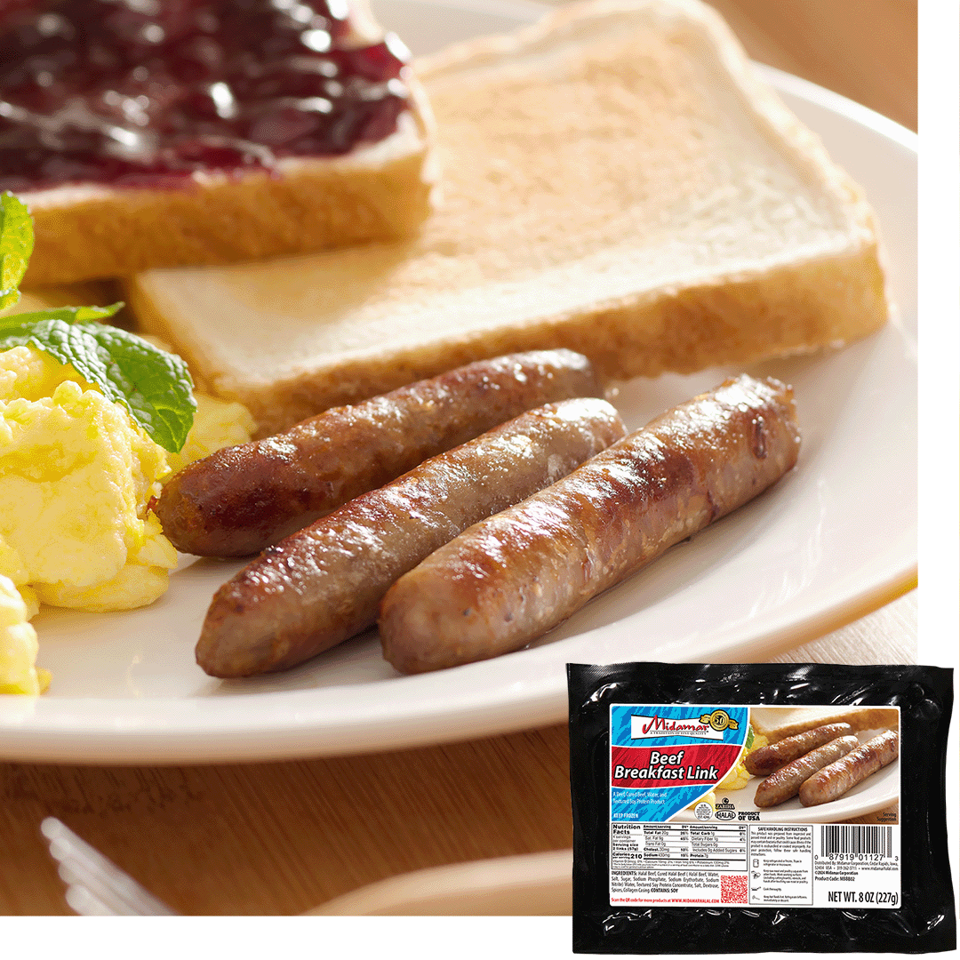 3 Midamar beef brakfast links on a white plate. A pile of scrambled eggs with a piece of basil on top of it are to the left and a piece of white toast with grape jelly on it and a plain piece of toast are behind them. A package of Midamar Breakfas links is overlayed on top of the package.