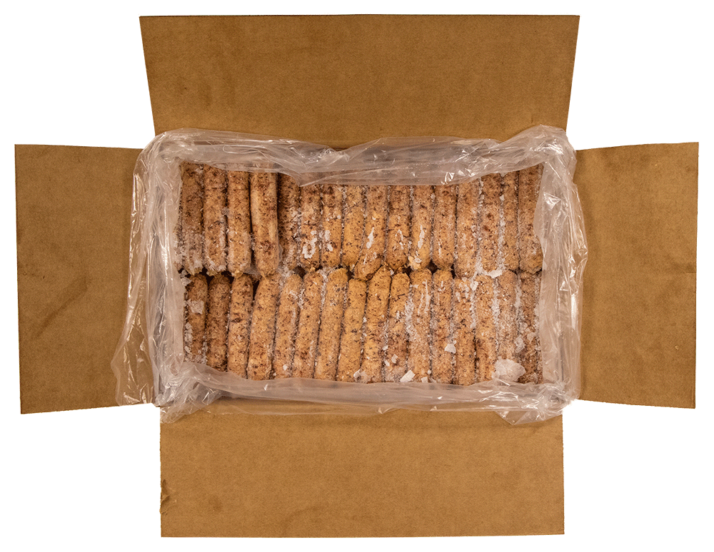 an open cardboard case of Midamar's food service packed raw halal beef breakfast sausage links