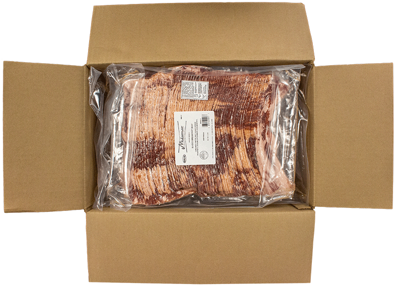 an open cardboard case of Midamar sliced breakfast beef. There are three vacuum sealed packages, each package contains 5 pounds of product