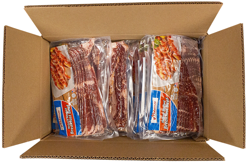 an open case of Midamar retail packed breakfast beef