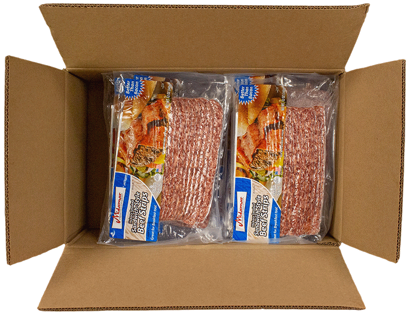 an open cardboard case of Midamar halal sandwich style beef strips
