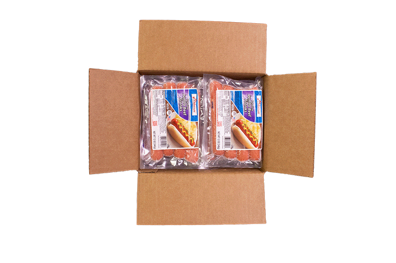 An open cardboard case of Midamar jumbo beef franks
