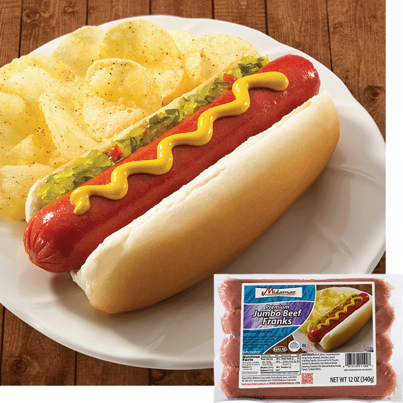a plate with midamar's jumbo beef frank sitting in a bun. the beef frank has mustard on top and pickle relish in the bun. Beside it is a small pile of potato chips. In the bottom right hand corner is an image of the products package