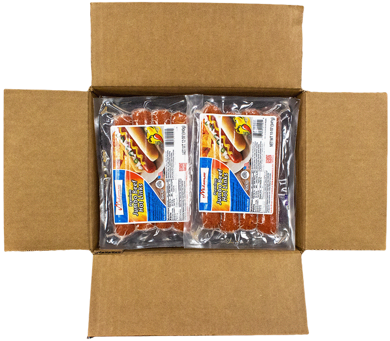 an open cardboard case of Midamar jumbo beef hot links