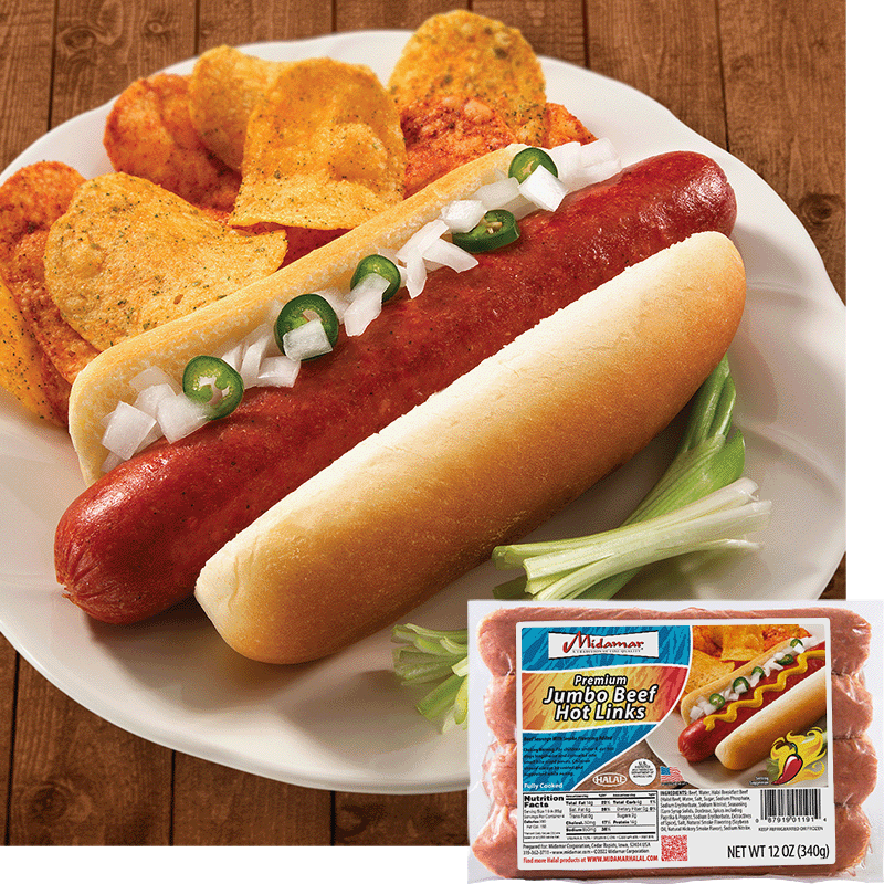 Midamar's jumbo beef hot link sits on a hot dog bun with chopped onions and sliced jalapenos. Beside the hot link is a small pile of chips and a garnish of green onions. in the bottom right corner is an image of the product package