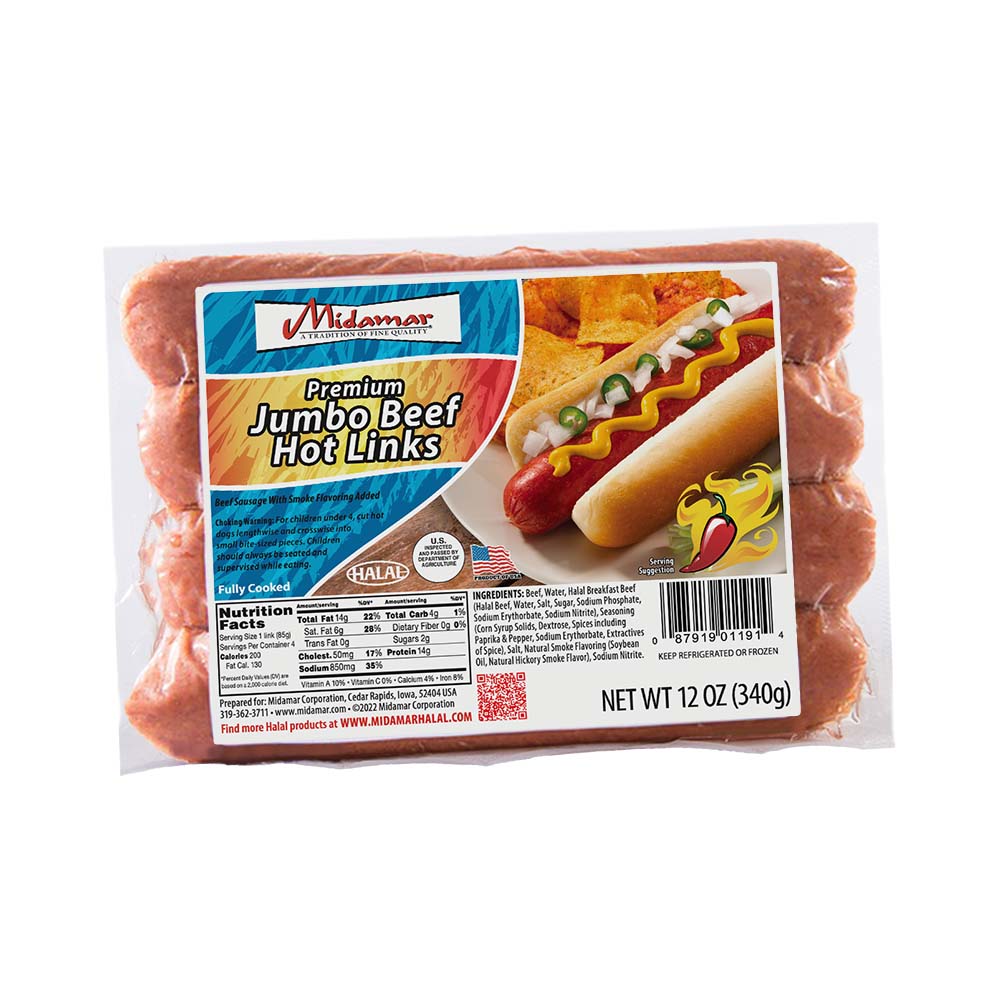 a retail package of midamars jumbo beef hot links