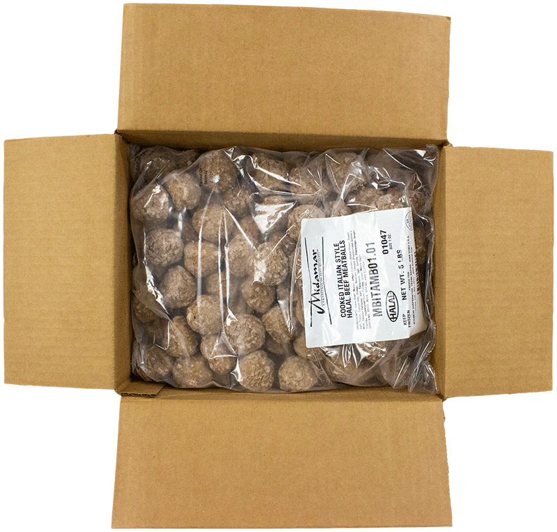 an open cardboard case of Midamars halal fully cooked italian style meatballs, there are 2 packages in the case, each package is 5 pounds