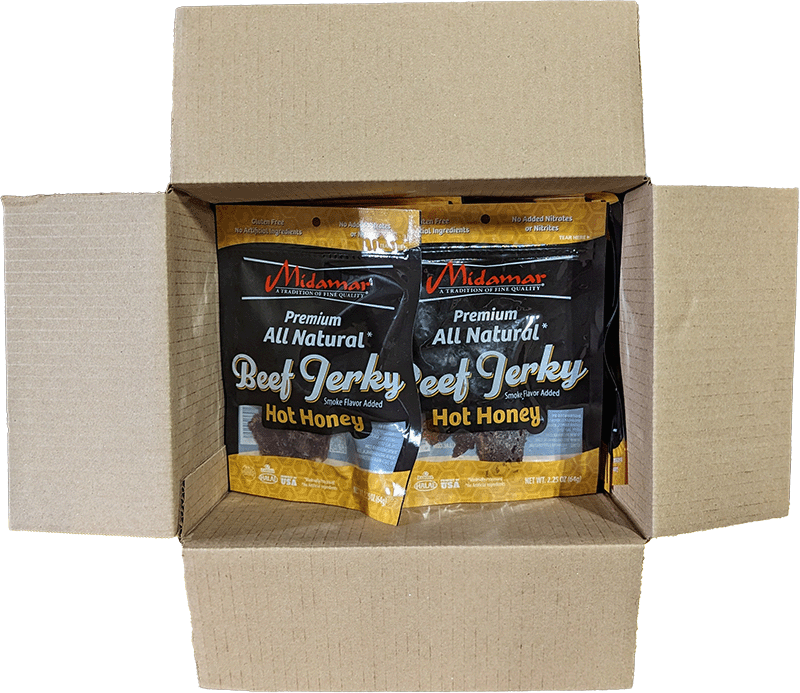 an open case of midamar hot honey flavored beef jerky