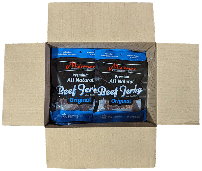an open case of midamar original flavored beef jerky