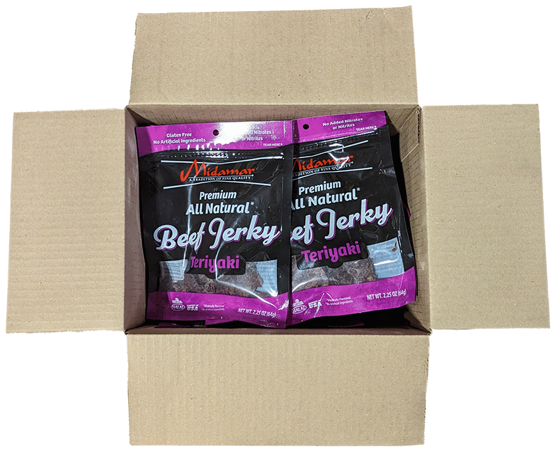 an open cardboard box, inside are packages of midamar teriyaki flavored beef jerky