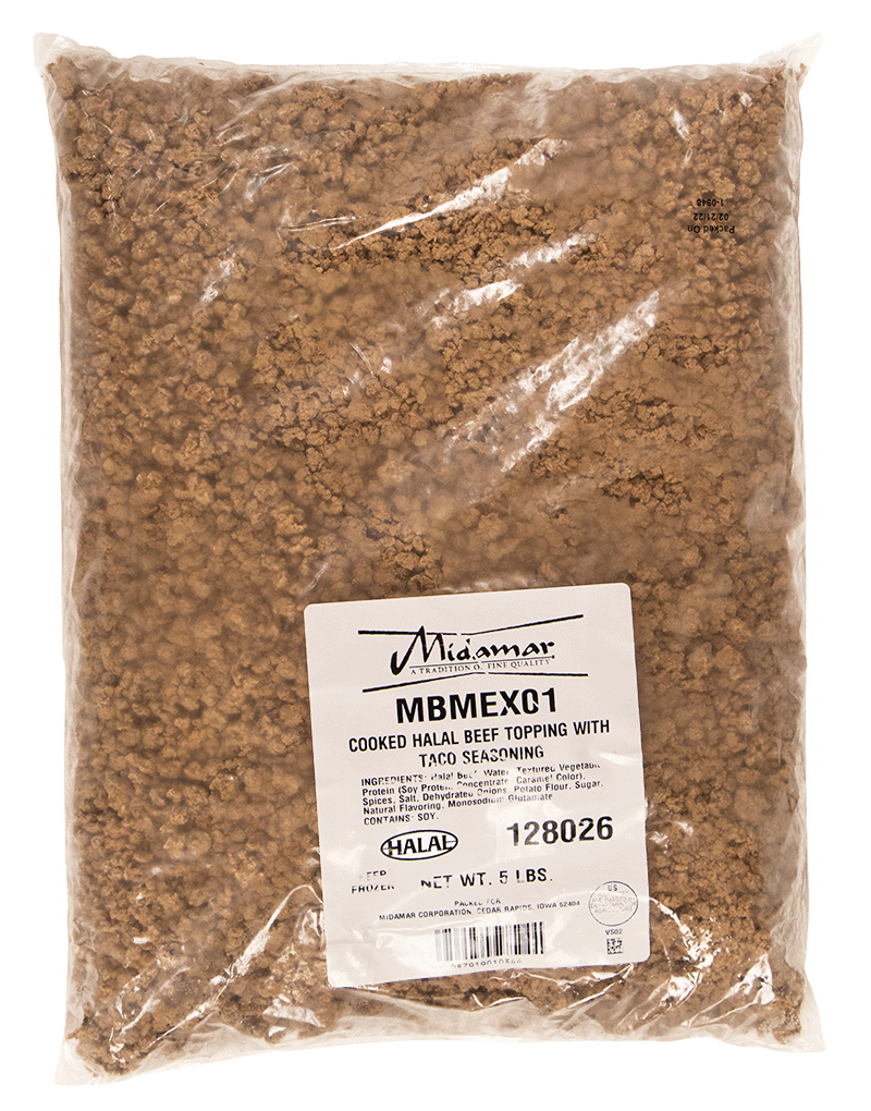 a transluscent plastic bag filled with cooked halal beef topping with taco seasoning. There is a label on the bag indicating which product it is.
