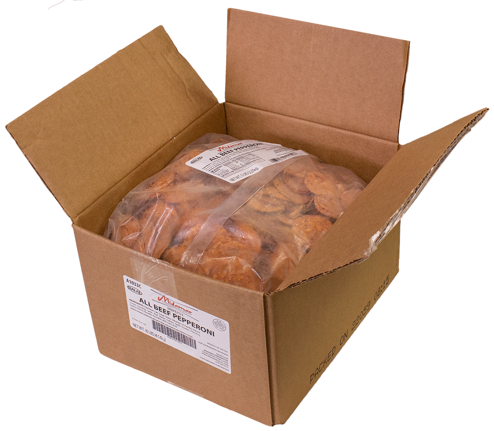 An open cardboard case of Midamar all beef halal pepperoni