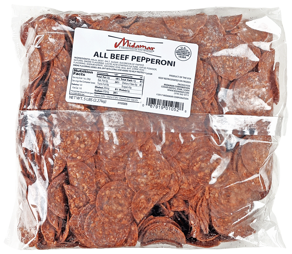 a clear plastic package of Midamar all beef halal pepperoni