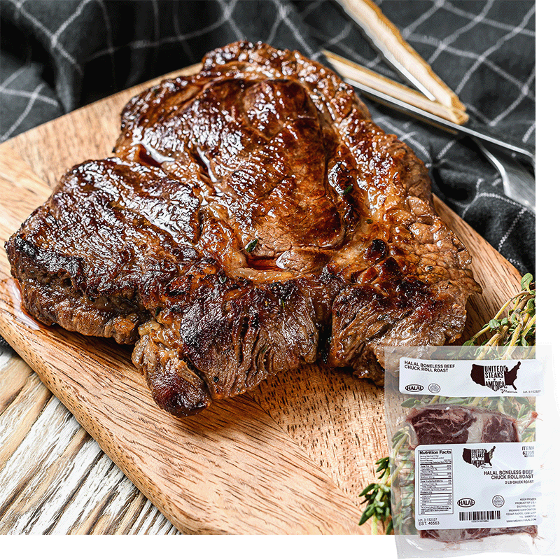 A halal chuck roast with char on a wood cutting board with a sprig of thyme. A package of United steaks chuck roast is overlayed in the bottom right corner.