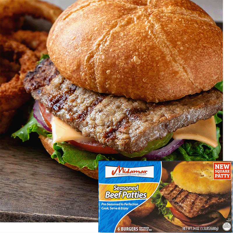 A Midamar seasoned beef patty rests on a bed of lettuce, tomato, red onion, and american cheese. The burger is served on a black wooden board and has fried onion rings beside it. At the bottom is an image of the product package