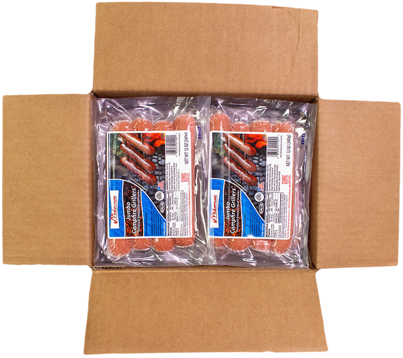 An open cardboard case of Mioamar Jumbo Campfire Grillers