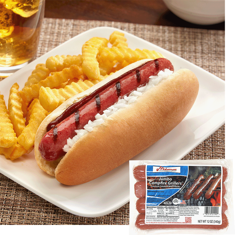 a grilled midamar jumbo campfire griller in a bun with bbq sauce. Beside it rests a small pile of french fries and a tea. In the right hand corner is an image of a package of the product