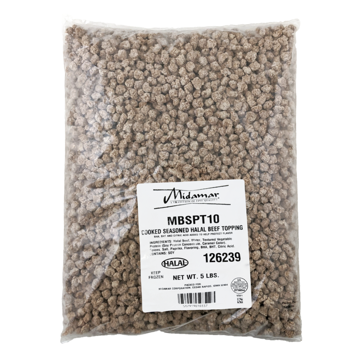 Midamar Halal Seasoned Beef Pizza Topping in clear bag