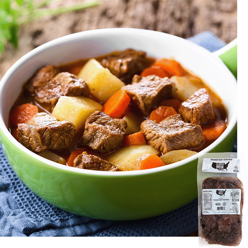 A bowl of beef stew with potatos and carrots. A package of united steaks beef stew is overlaid in the bottom right corner.