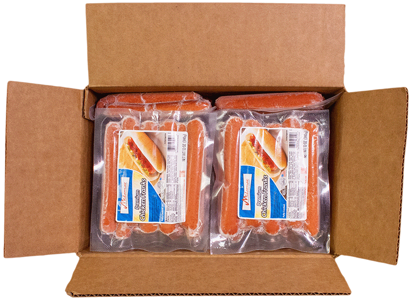 an open cardboard case of Midamars chicken franks