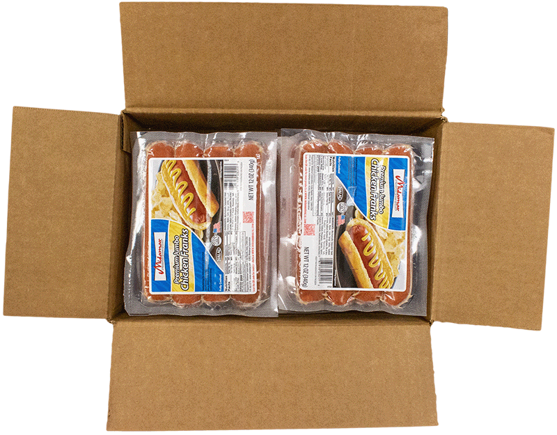 an open case of midamar jumbo chicken franks