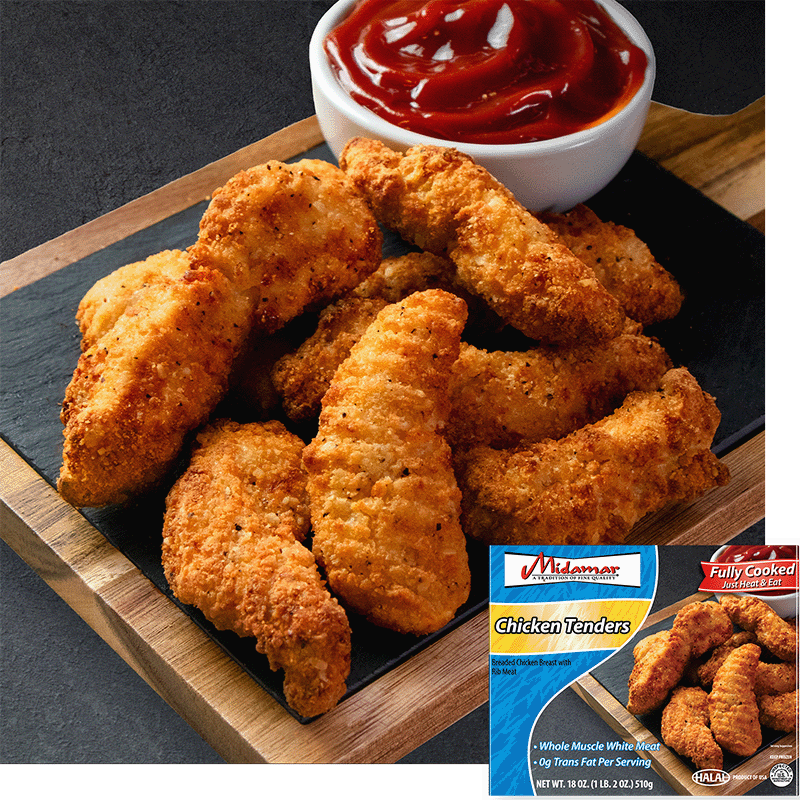 A pile of Halal Chicken tenders on a wooden cutting board a bowl of ketchup is above them. A package of Midamar Chicken Tenders is overlaid in the bottom right.