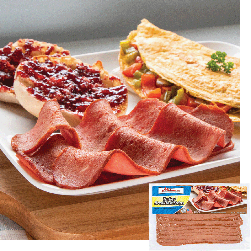 Halal Turkey Bacon strips on a plate with a jelly covered english muffin and an omelet, in the bottom corner is an image of the product page