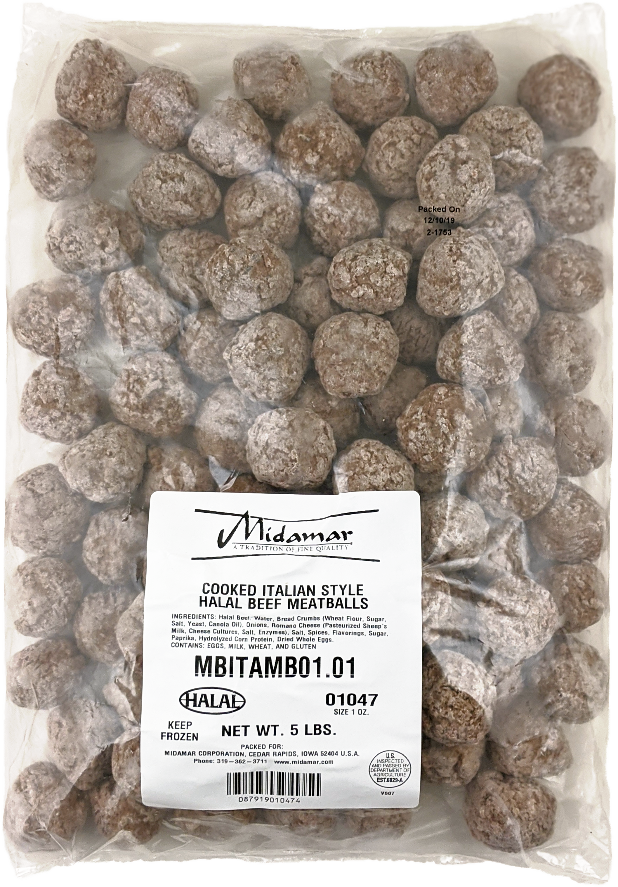 a clear plastic package of Midamar halal cully coked italian style meatballs