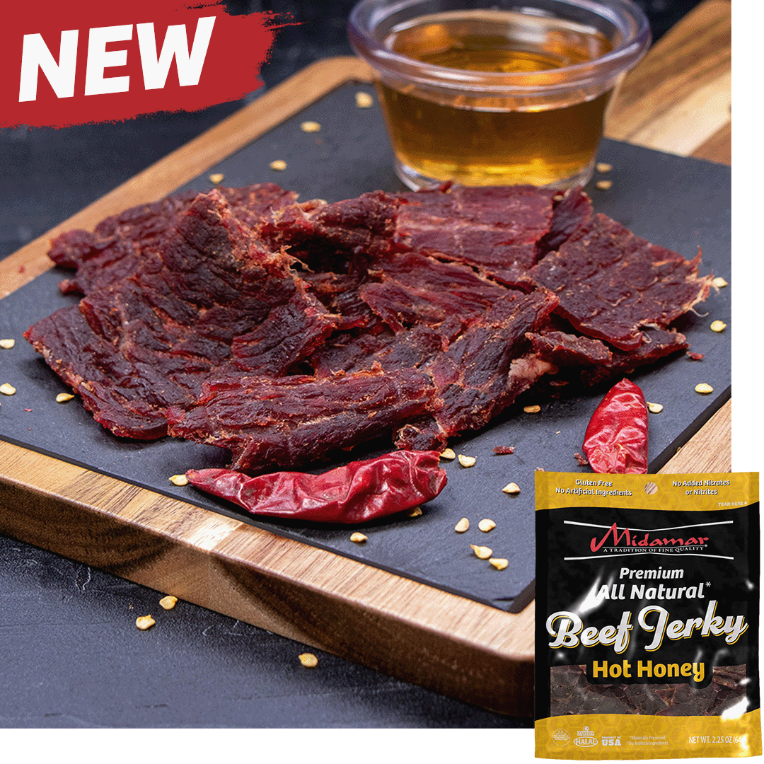 Midamar halal beef jerky strips sit on a cutting board surrounded by dried peppers and seeds, behind the jerky is a clear cup of honey overlayed is a picture of the package