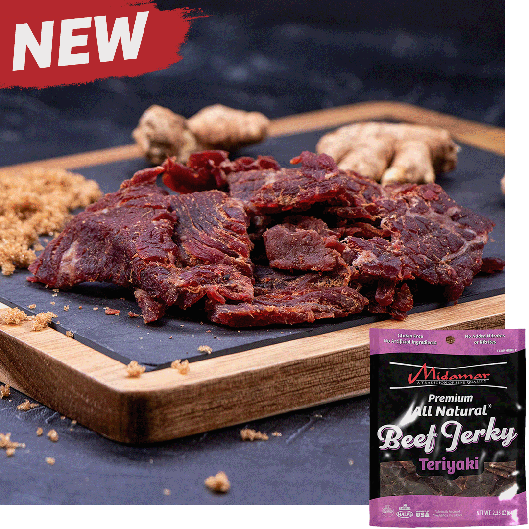 Midamar Halal Beef jerky Teriyaki pieces sit in a pile on a cutting board, brown sugar is sprinkled around and ginger is visible in the background. Overlaid is a picture of the bag.