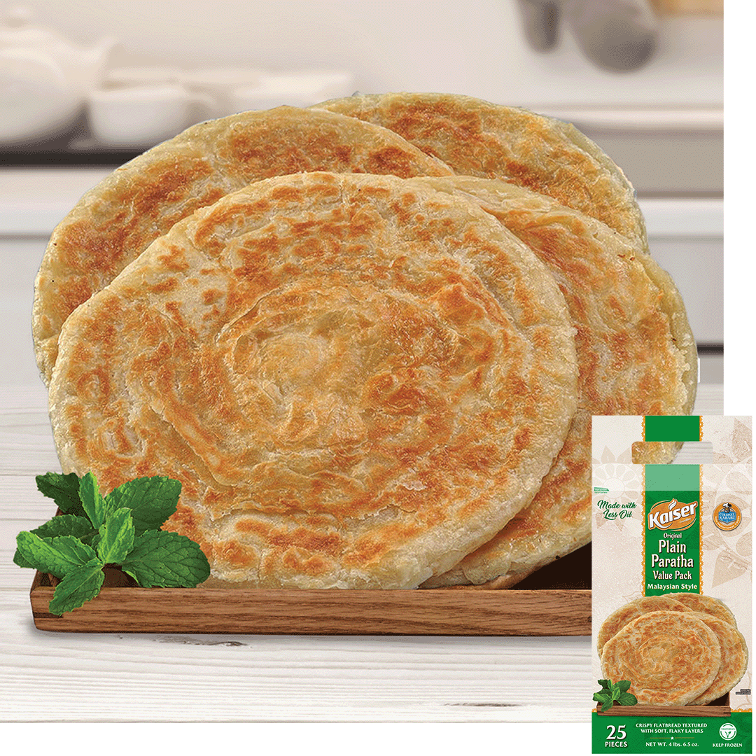 4 paratha are resting in a small wooden tray. There is a garnish of a green leaves in the box, in the bottom right hand corner is an image of the product box