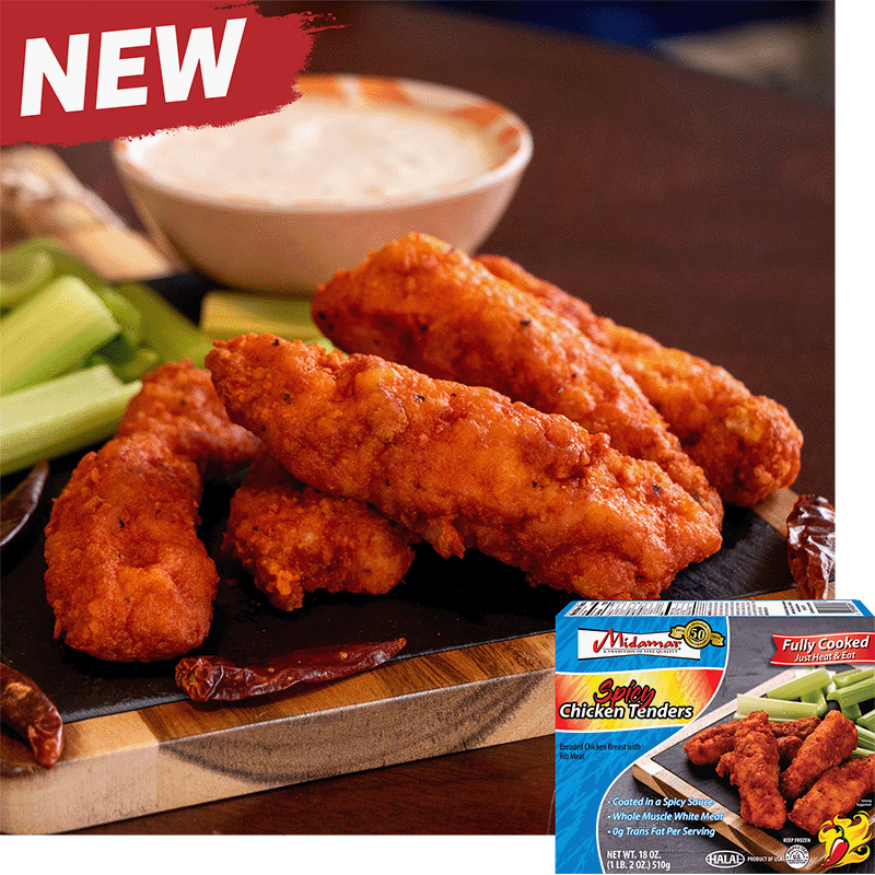 Midamar Spicy Chicken tenders are sitting on a cutting board with celery sticks, dried peppers, and a bowl of blue cheese. A package of Midamar Spicy Chicken Tenders is overlaid on top.