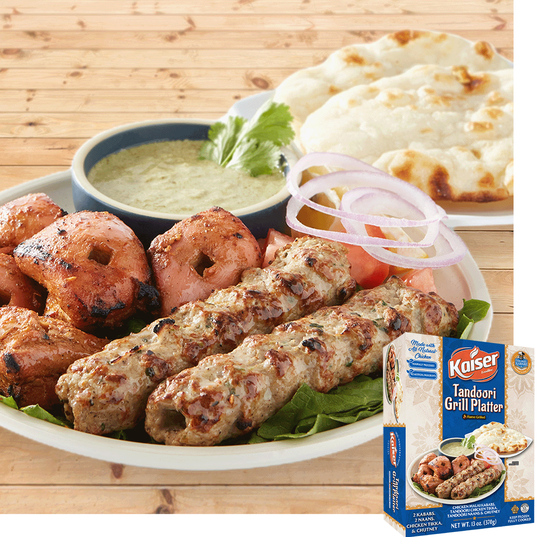 Tandoori Grill Platter with Chicken kababs, chicken tikka, chutney and naan. The product box is in the bottom right hand corner