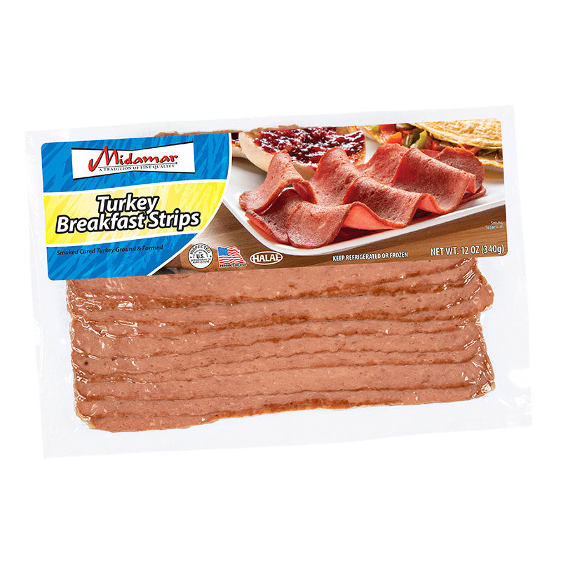 a retail package of midamar's halal turkey breakfast strips