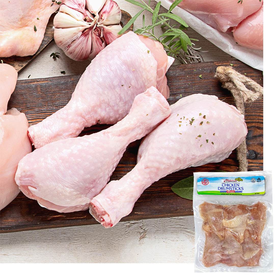 3 Zabiha halal chicken drumsticks sitting on a board of wood a piece of garlic is above them and a package of MIdamar chciken drumsticks is overlayed in the bottom right corner