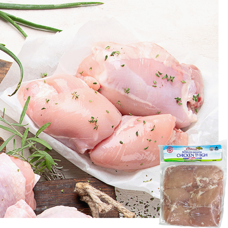Raw chicken thighs sitting on parchment paper. The chicken is garnished with herbs. A Package of Midamar Halal Chicken Thigh is overlaid in the bottom right corner