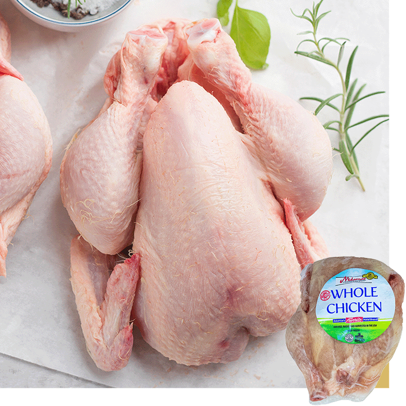 Zabiha halal raw whole chicken on butcher paper, a sprig of thyme to the right a package of midamar whole chicken is overlayed in the bottom right corner