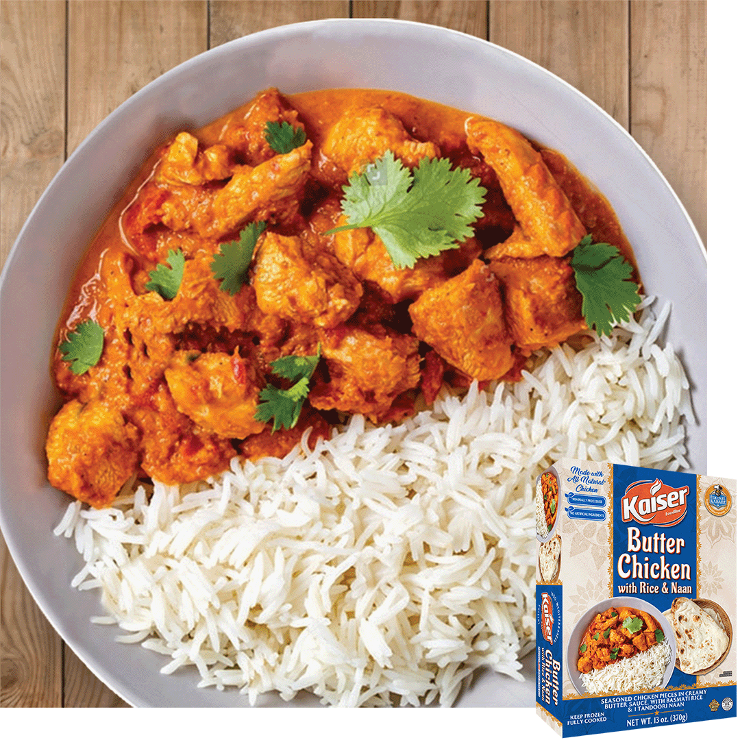 Butter Chicken with Rice and an image of the product box overlaid in the bottom right hand corner