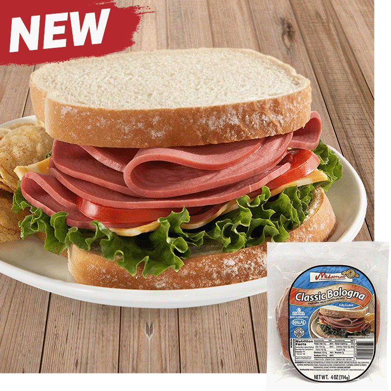A halal bologna sandwich on white bread with tomato, cheese, and lettuce. Chips are visible behind the sandwich to the left. A pack of Midamar Halal Classic Bologna is overlayed in the bottom right corner. 