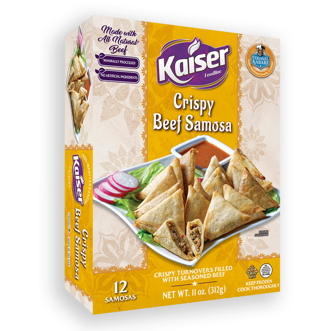 A box of Kaiser Crispy Beef Samosas