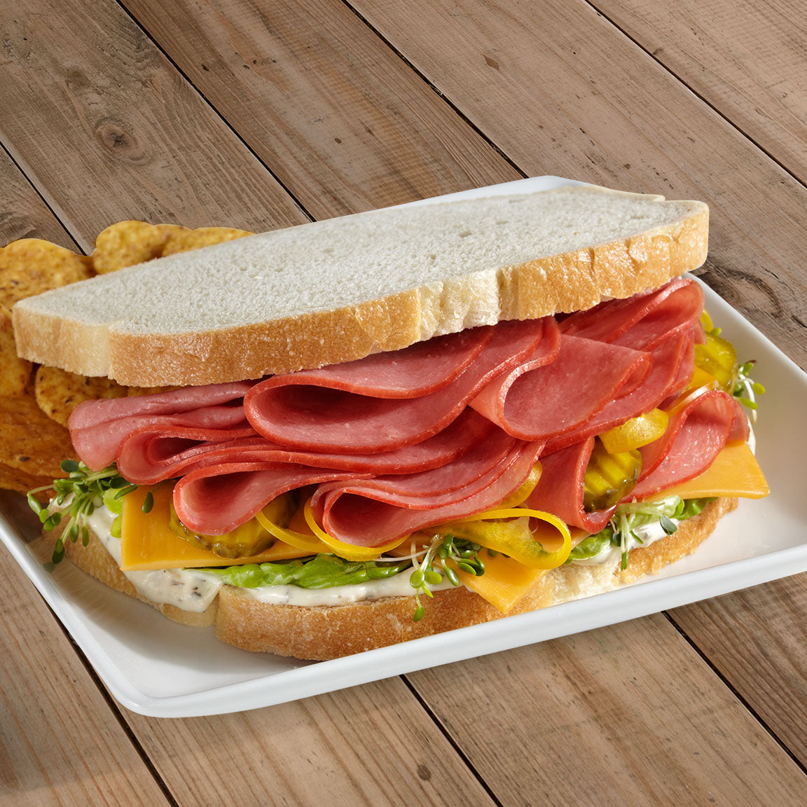 a chicken bologna sandwich on white bread. The chicken bologna is piled high on a bed of american cheese, alfalfa sprouts, lettuce, and a white condiment. At the back of the plate is a small pile of chips