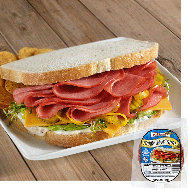 a chicken bologna sandwich on white bread. The chicken bologna is piled high on a bed of American cheese, alfalfa sprouts, lettuce, and a white condiment. At the back of the plate is a small pile of chips. A package of Midamar Chicken Bologna is overlaid in the bottom right corner. 