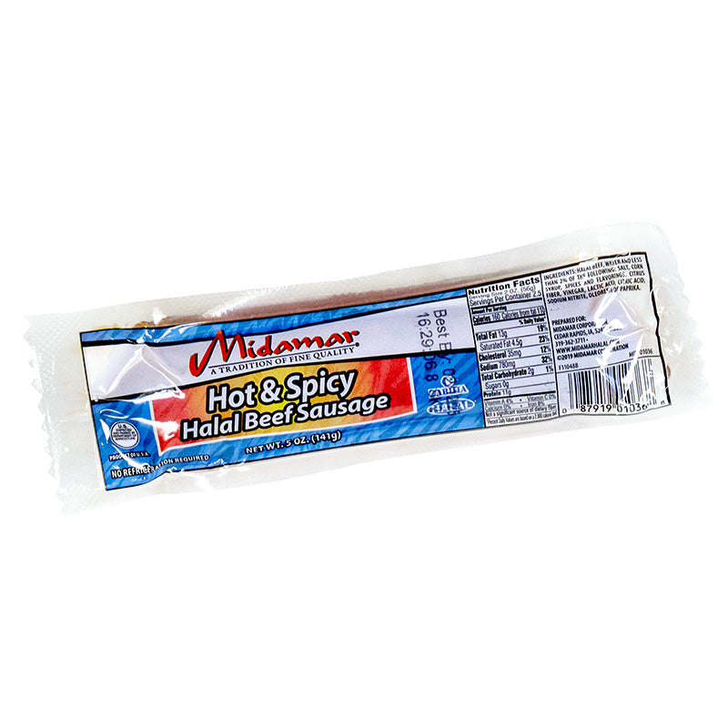 A package of Midamar Halal hot and Spicy Halal beef sausage 5 oz